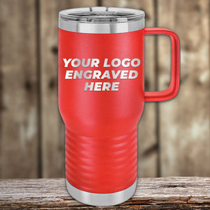 The Kodiak Coolers red insulated travel mug, with a handle and "YOUR LOGO ENGRAVED HERE" on a wooden background, is ideal as a corporate promotional gift. Check out our limited-time offer for custom tumblers with laser-etched designs and no setup fees.