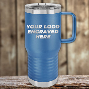 The Kodiak Coolers Custom Tumbler is a stylish blue travel mug with a handle and clear lid, perfect for corporate gifts. Featuring "Your Logo Engraved Here" text against a wooden background, it combines practicality and branding with no setup fees. Limited time offer available.