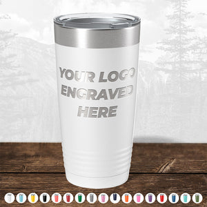 A white Kodiak Coolers tumbler from the "Custom Drinkware Engraved with your Logo or Design - Front Side Logo Included" collection, featuring "Your Logo Engraved Here" text. Various color options for the same personalized tumbler are displayed below – ideal as a promotional gift. Shop now during our HUGE LABOR DAY SALE, ending today!