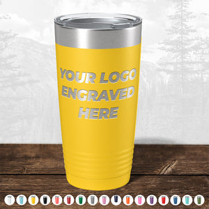 The Kodiak Coolers Custom Tumblers with Logo Engraved feature a vibrant yellow insulated design with the text "Your Logo Engraved Here" beautifully laser-etched on it, making it an ideal corporate promotional gift. The base of the tumbler offers various color customization options. Available in bulk wholesale pricing for larger orders; FLASH SALE ending soon! No setup fees and fast turnaround.