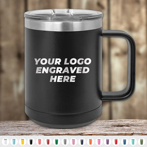 A black Custom Coffee Mug 15 oz with your logo engraved on it for custom branding - Special Bulk Wholesale Volume Pricing by Kodiak Coolers.