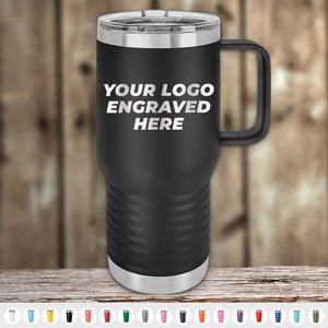 The Kodiak Coolers black insulated travel mug, featuring a handle and clear lid, is perfect for corporate gifts with "Your Logo Engraved Here." This custom tumbler comes in various colors and includes a laser-etched design without setup fees. Limited time offer available.