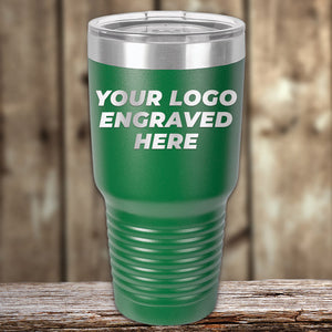 A green Kodiak Coolers Custom Tumblers 30 oz with your Logo or Design Engraved  | No Minimal Order | Sample Volume Pricing on it, perfect for custom tumblers as promotional items, placed on a wooden surface with a rustic background.