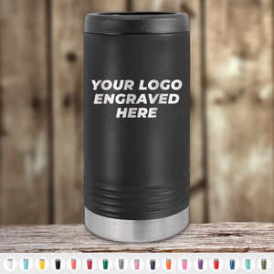 A black insulated tumbler with the text "YOUR LOGO ENGRAVED HERE" on the front, displayed on a wooden surface with various color options shown below. Perfect as custom mugs for a unique promotional gift.

Product: 4th of July SALE - Engraved Custom Logo Drinkware - Front Engraved Logo Included - $250 Minimal Order - Product Styles 2
Brand: Kodiak Coolers