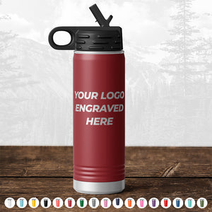 Promotional materials featuring Kodiak Coolers' Custom Water Bottles 20 oz with your Logo or Design Engraved - Low 6 Piece Order Minimal Sample Volume.