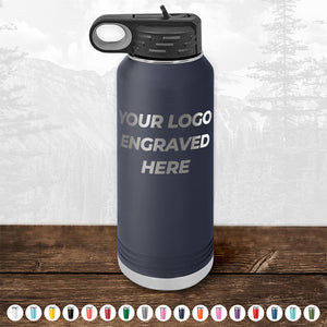 A dark blue insulated water bottle from Kodiak Coolers, featuring "Your Logo Engraved Here" text, resting on a wooden surface, showcases the perfect promotional gift. Various color options for this Custom Drinkware Engraved with your Logo or Design - Front Side Logo Included are displayed below the main image. Don't miss the HUGE LABOR DAY SALE - ENDS TODAY!