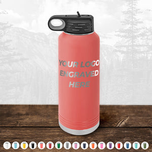 Kodiak Coolers custom water bottle with customizable logo placement on a wooden surface, ideal for promotional items.