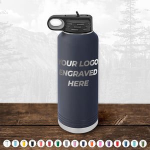 Blue Custom Water Bottles 40 oz with your Logo or Design Engraved displayed on a wooden surface, perfect as promotional items by Kodiak Coolers.