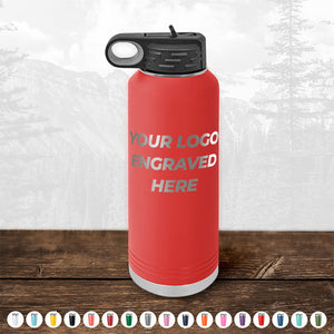 Red Kodiak Coolers custom water bottle with customizable engraving space on wooden surface.