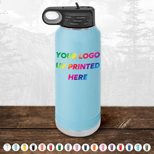 Kodiak Coolers presents custom tumblers, UV printed with your logo or design in full color. This light blue tumbler features a black lid and a customizable label area that reads "YOUR LOGO UV PRINTED HERE." Perfect as a corporate promotional gift, it comes in numerous color options displayed at the bottom. Take advantage of this limited-time offer with a minimal order of $250.