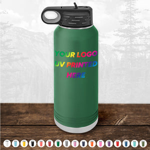 Introducing Kodiak Coolers Custom Tumblers, UV-printed with your logo or design in full color. Displayed with an assortment of cap styles and colors at the bottom, these tumblers make an ideal corporate promotional gift. The background features a grayscale outdoor scene with trees and a mountain—available for a limited time with a minimal order of $250.
