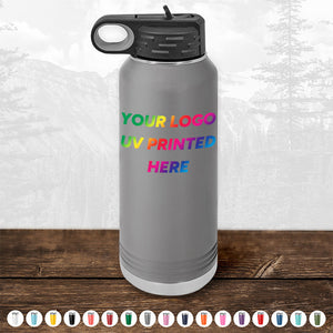 A gray Kodiak Coolers water bottle with a black lid and a customizable area for your logo or UV print is perfect as a corporate promotional gift. Custom Tumblers - UV Printed with your Logo or Design in Full Color are available at bulk wholesale pricing, and a variety of color options are displayed below. LIMITED TIME OFFER - Minimal Order: $250.