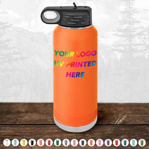 Introducing the **Custom Tumblers** by **Kodiak Coolers**—a vibrant orange tumbler featuring a sleek black lid and a space for your custom logo or design, printed in full color. Ideal for corporate promotional gifts, these tumblers are presented with various color options visible in smaller thumbnails below. Take advantage of our bulk wholesale pricing with a minimal order of $250 during this limited-time offer.