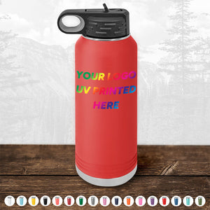 Presenting the Kodiak Coolers Custom Tumblers – UV Printed with your Logo or Design in Full Color. This red insulated water bottle features a black lid and the text "Your Logo UV Printed Here." Ideal for corporate promotional gifts, it comes with various color options displayed on a wooden surface against a nature background. Don’t miss our limited time offer, with bulk wholesale pricing available starting at $250 minimal order.