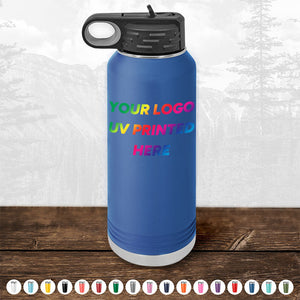 Custom Tumblers by Kodiak Coolers, featuring a UV-printed logo or design in full color, shown outdoors against a mountain backdrop. Ideal as corporate promotional gifts with various color options available. Bulk wholesale pricing offered for large orders with a minimum order of $250 during this limited-time offer.