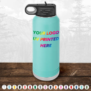 A teal water bottle branded with "YOUR LOGO UV PRINTED HERE" in vibrant rainbow colors from Kodiak Coolers, ideal as a Corporate Promotional Gift. It features multiple small icons of the bottle in various colors along the bottom, making it an excellent choice for custom tumblers available at bulk wholesale pricing. Limited time offer: $250 minimal order.