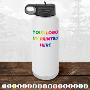 A Kodiak Coolers' white water bottle with a black lid is placed on a wooden surface, showcasing the text "YOUR LOGO UV PRINTED HERE" in rainbow colors. Below it, several small custom tumblers from the same brand are displayed in different colors, perfect for corporate promotional gifts. Don't miss out on the LIMITED TIME OFFER – get your custom tumblers for just $250 minimal order!