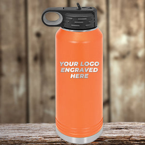 A Kodiak Coolers custom water bottle in vibrant orange, perfect for promoting your brand. Crafted from insulated stainless steel, this durable bottle features the words "your logo engraved here".