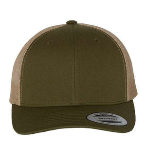 A YP Classics Yupoong Classics Six-Panel Retro Trucker Snapback Hat 6606, custom embroidered, featuring a flat brim and classic snapback closure in green and beige camo, viewed from the front.