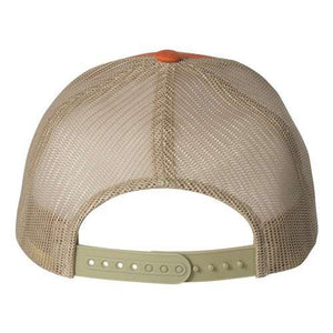 Back view of the YP Classics Yupoong Classics Six-Panel Retro Trucker Snapback Hat 6606, showcasing a khaki mesh design with a camo pattern and an adjustable snapback closure.