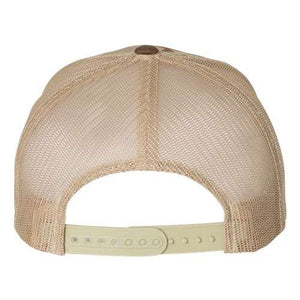 Back view of the YP Classics' Yupoong Classics Six-Panel Retro Trucker Snapback Hat 6606 in beige camo mesh, featuring a snapback closure for easy adjustability.