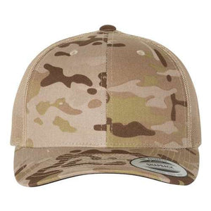 The YP Classics' Yupoong Classics Six-Panel Retro Trucker Snapback Hat 6606 - Custom Embroidered Hat features a camouflage pattern with a curved brim, complete with a sticker on the brim and an adjustable snapback closure.