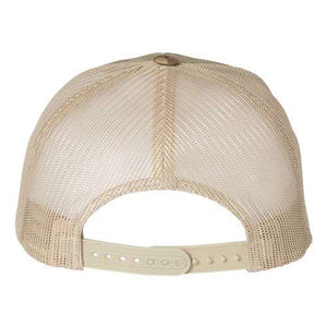 A rear view of the YP Classics Yupoong Classics Six-Panel Retro Trucker Snapback Hat 6606, featuring a beige camo mesh back and an adjustable snapback closure.