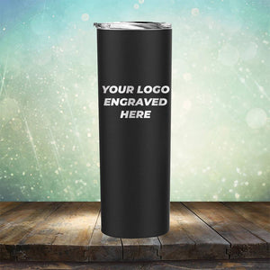 Custom skinny tumbler with business logo laser engraved branded 20oz mug with lid black