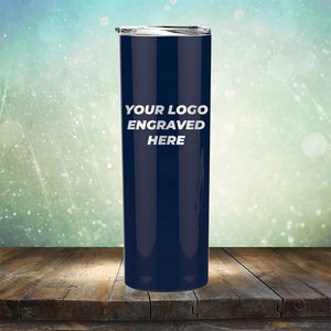 Custom skinny tumbler with business logo laser engraved branded 20oz mug with lid navy