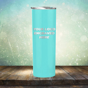 Custom skinny tumbler with business logo laser engraved branded 20oz mug with lid teal