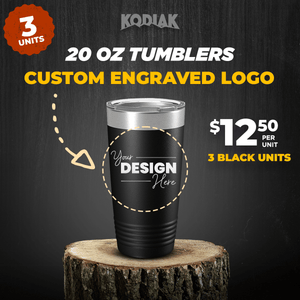 Promotional image for special offer: Add 3 Additional - Black 20 oz Tumblers w Logo - by Kodiak Coolers, priced at $12.50 each for three units, featuring a place for personalized mugs.