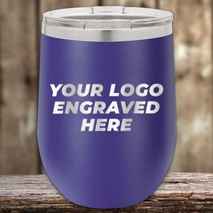 Purple insulated Custom Wine Cups 12 oz with your Logo or Design Engraved - Low 6 Piece Order Minimal Sample Volume displayed on a wooden surface, perfect as promotional drinkware from Kodiak Coolers.