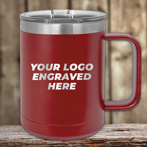 Introducing the Engraved Custom Logo Drinkware by Kodiak Coolers, available at SPECIAL 72 HOUR SALE PRICING! This stylish red metal mug, featuring a handle and a clear lid, is perfect for promotional gifts. The text "YOUR LOGO ENGRAVED HERE" is prominently printed on one side, making it an ideal custom mug. Set against a wooden surface with a blurred wooden wall in the background, it’s both functional and fashionable. Single side engraving included in the price.