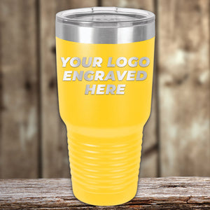 A custom yellow tumbler from Kodiak Coolers with your business logo laser engraved on it.