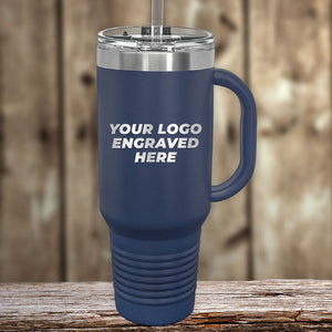 A Kodiak Coolers custom blue tumbler with a straw and your business logo laser engraved on it.