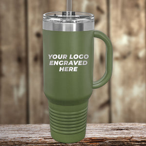 A Custom Drinkware Engraved with your Logo or Design - Front Side Logo Included - HUGE FALL SALE tumbler by Kodiak Coolers, with a straw and your business logo laser engraved on it.