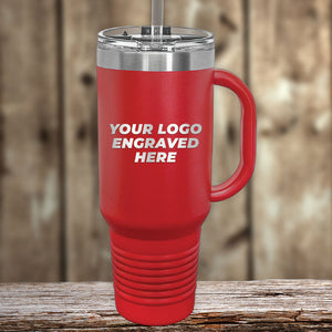 A Kodiak Coolers Custom Drinkware Engraved with your Logo or Design - Front Side Logo Included - HUGE FALL SALE red tumbler with a straw on a wooden table, featuring a business logo.