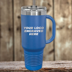 A blue Custom Drinkware Engraved with your Logo or Design - Front Side Logo Included - HUGE FALL SALE tumbler by Kodiak Coolers.